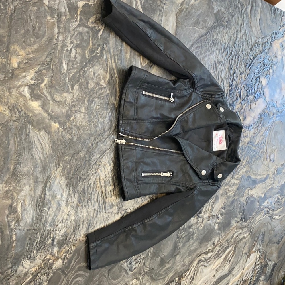 Justice Black vegan leather moto jacket